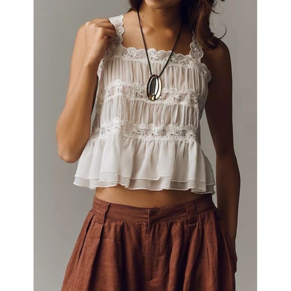 By Anthropologie Shirred Lace Tank Women's Blouse Top Ruffle Trendy M 291262